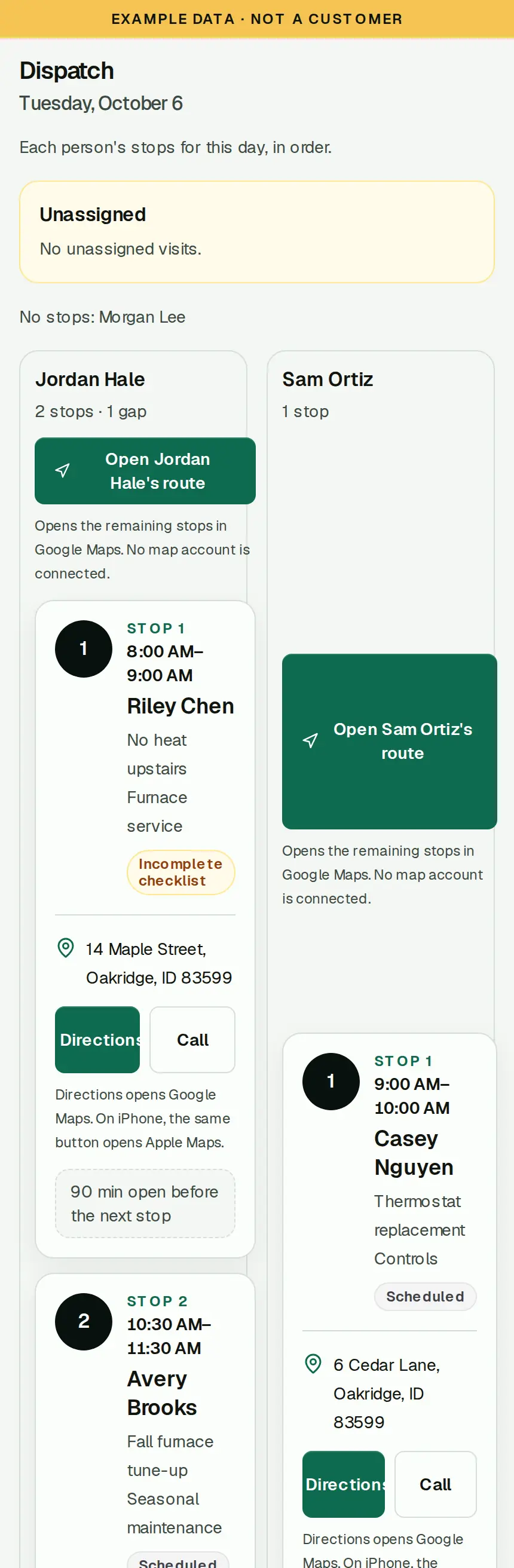 Example Dispatch view in SixStack Relay. Stops for Jordan Hale and Sam Ortiz are listed in order, with directions. Example data, not a customer.