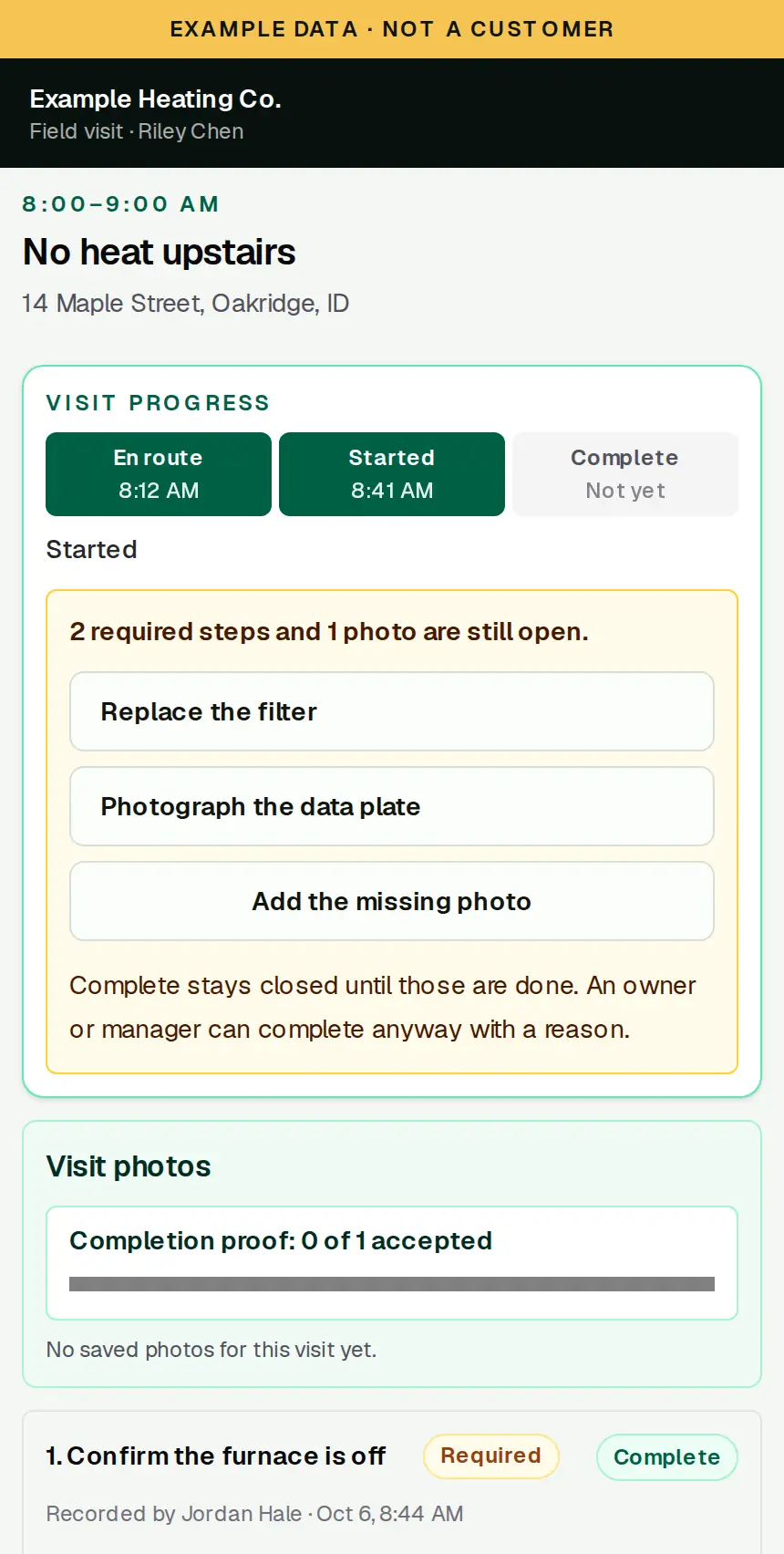 Example field visit in SixStack Relay. Required checklist steps and a photo keep Complete closed until they are saved. Example data, not a customer.