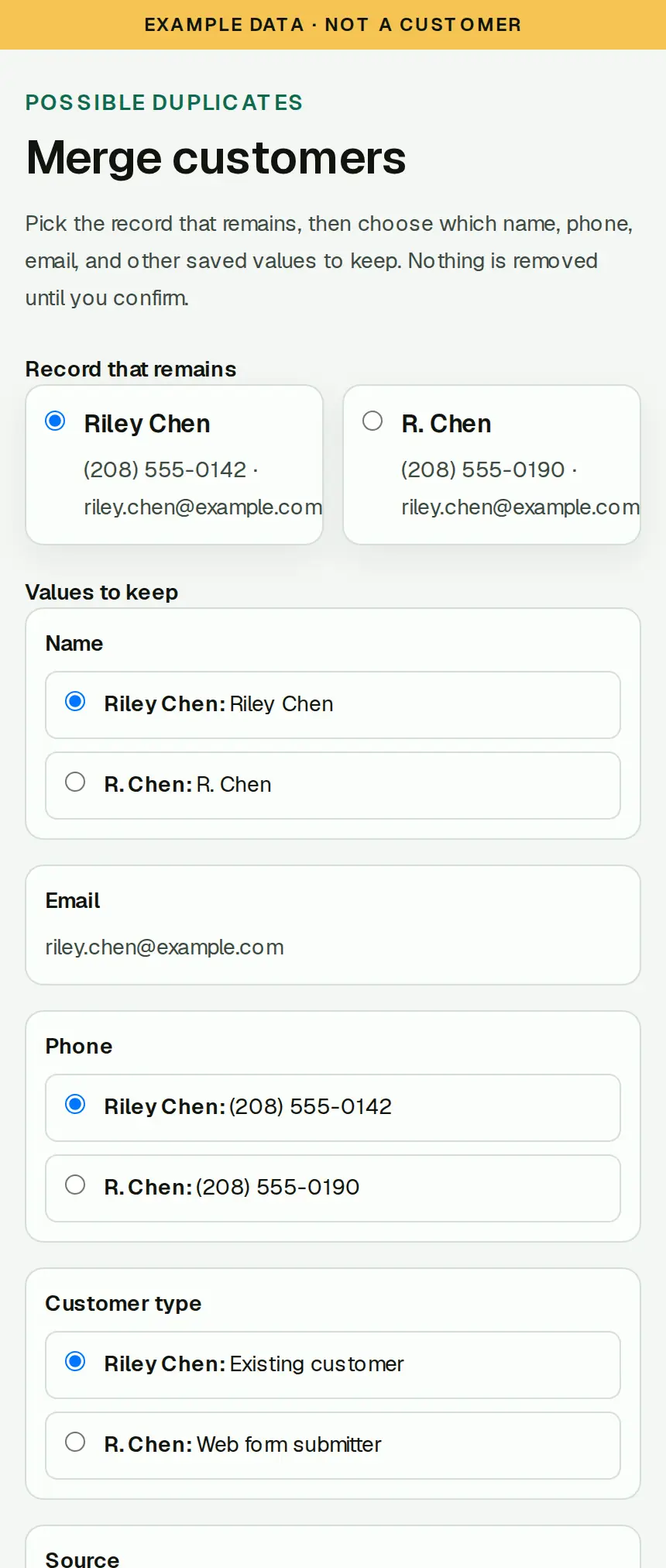 Example duplicate customer merge in SixStack Relay. The office chooses which name, phone, and email to keep before anything is combined. Example data, not a customer.