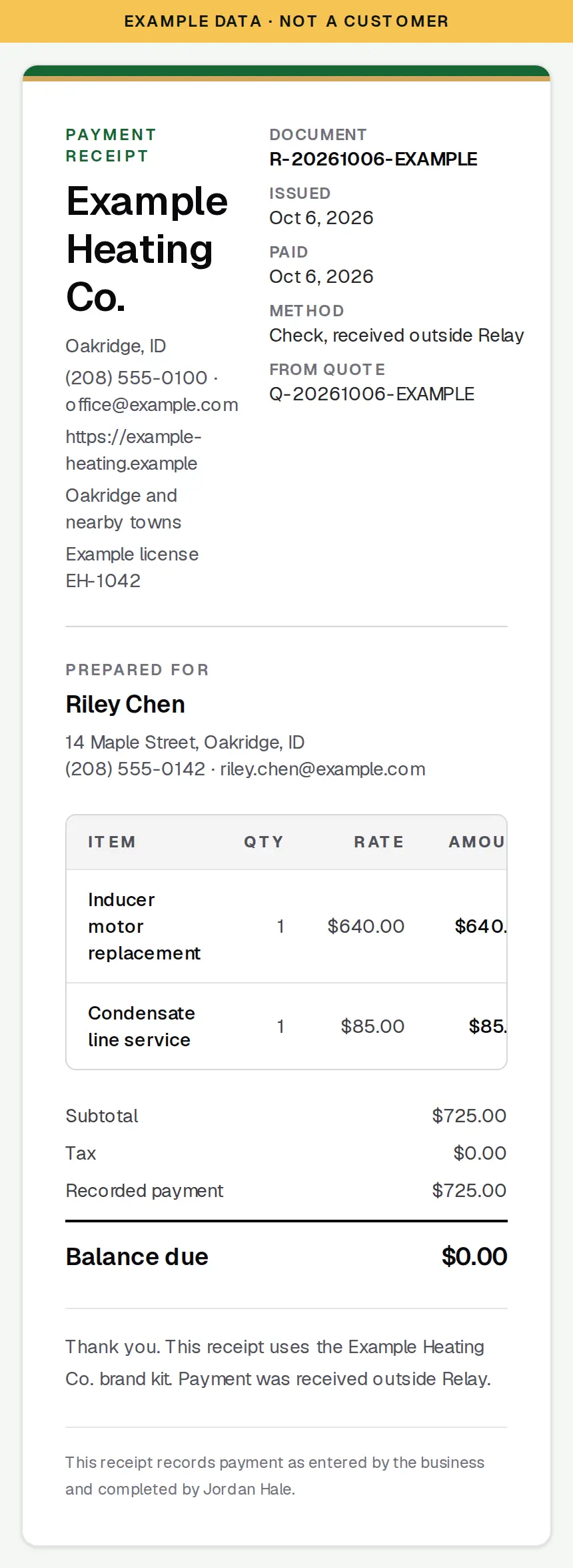 Example payment receipt in SixStack Relay using a brand kit. It records a check received outside Relay. Relay did not take the payment. Example data, not a customer.